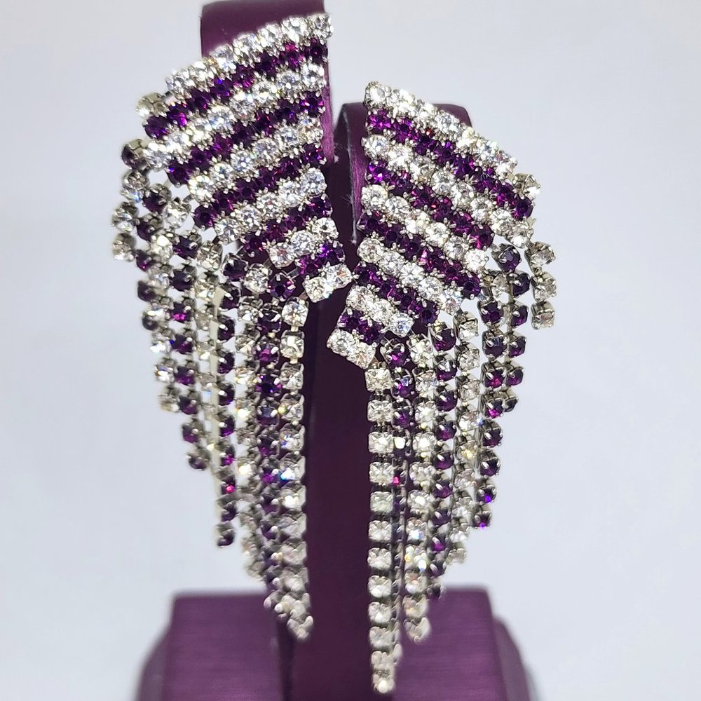 Royal Purple and White Rhinestone Angel Wing Dangle Stud Pierced Earrings
